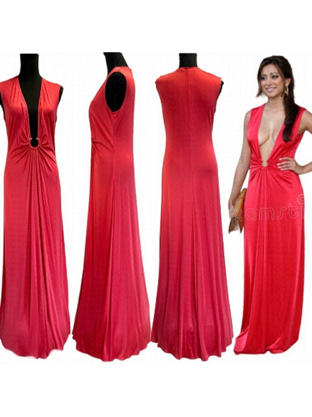 BCBGMAXAZRIA coral pink deep V plunging neckline sleeveless maxi dress gown M